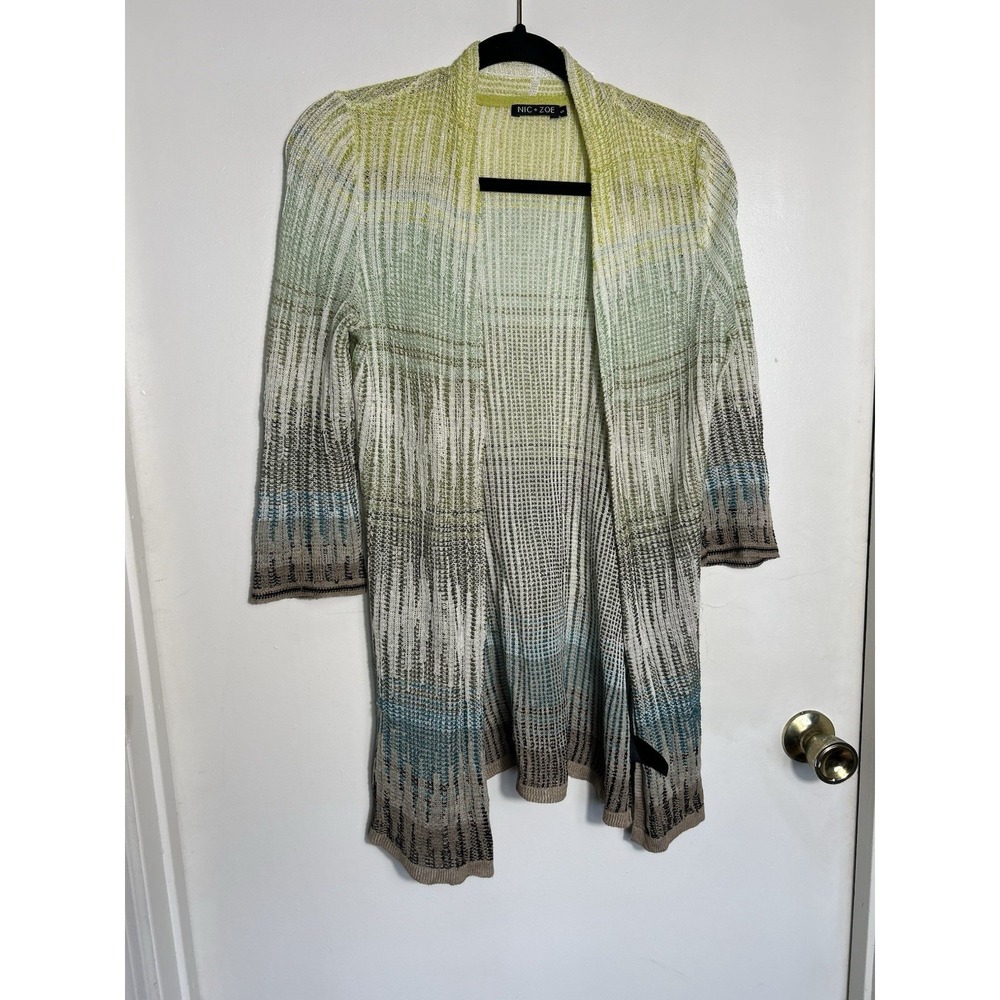 NIC+ZOE Linen Blend Open Front‎ Cardigan Sweater Blue Ombre Women's Boho Small